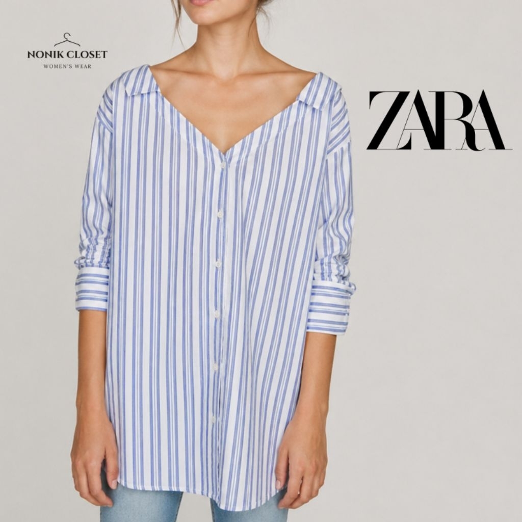 PL Zara Striped Off The Shoulder Shirt Blouse Kemeja Wanita Stripe V neck Zara Original Preloved