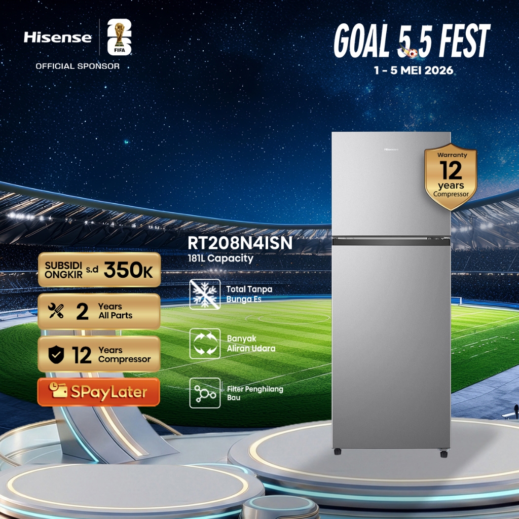 Hisense Kulkas RT208N4ISN Refrigerator 2 Pintu Kapasitas 181L Warna Silver Tanpa Bunga Es Sirkulasi 