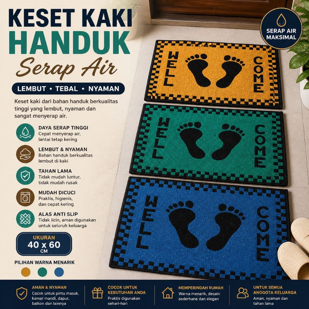 Keset Kaki Handuk Serap Air Corak Motif Salur Garis Pelangi Rainbow 40x60 Keset Lantai Tebal Kamar M