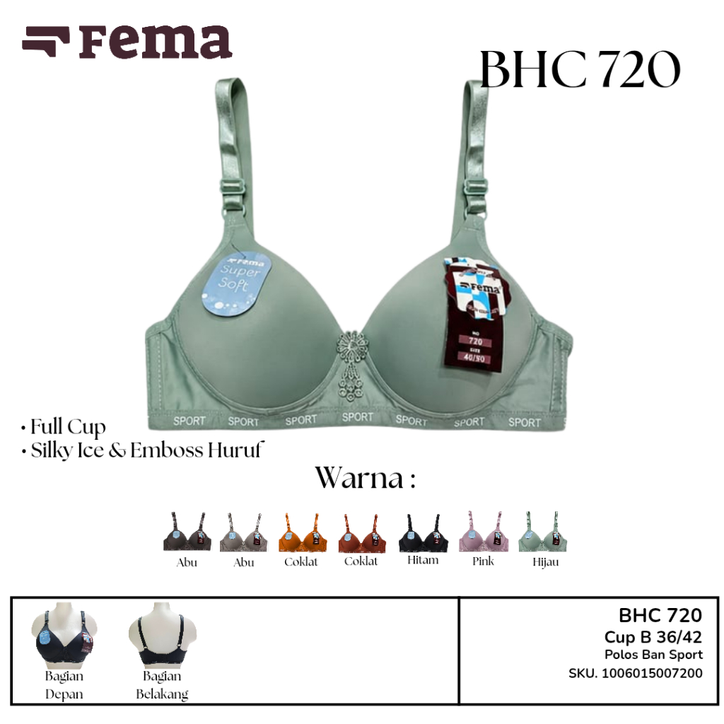 FEMA Official Shop 1 pcs Bra 720 Super Lembut, Tanpa Kawat, Cup B