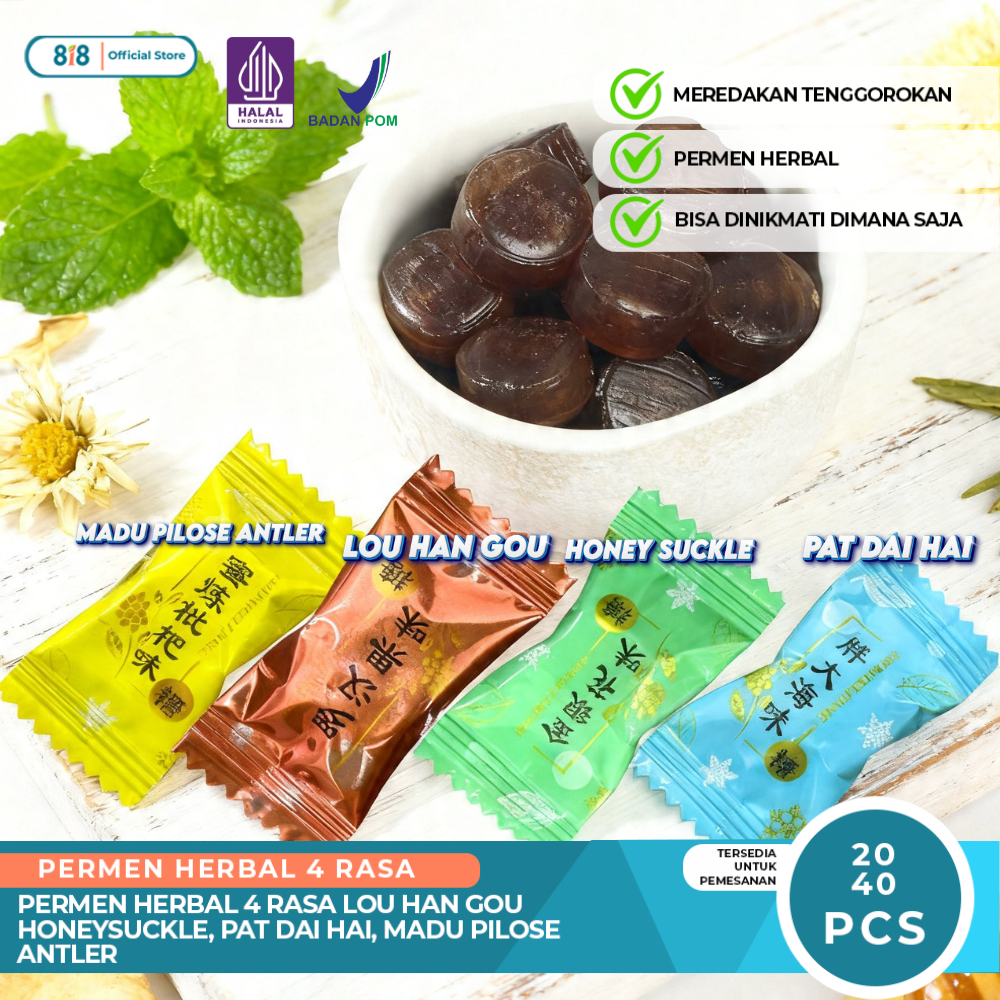 Permen Herbal Pereda Sakit Tenggorokan 4 Rasa Luo Han Guo Honeysuckle Pat Hai Hai Madu Niose Antler 