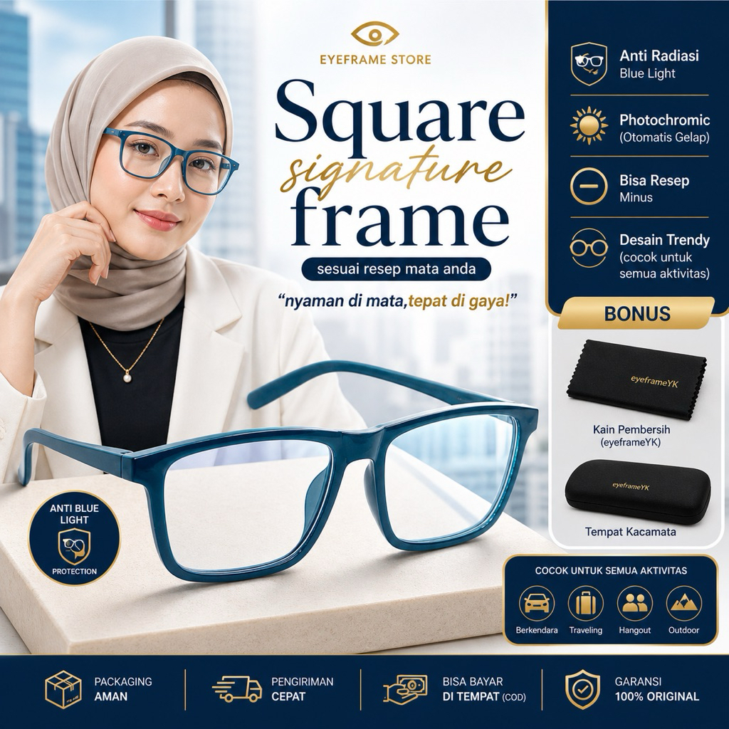 Kacamata Minus Cylinder R13 Frame Kotak Tangkai Pegas Custom Blueray Photocromic