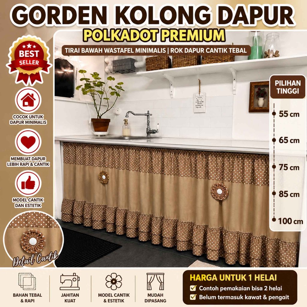 Gorden Kolong Dapur Polkadot Premium | Tirai Bawah Wastafel Minimalis | Rok Dapur Cantik Tebal