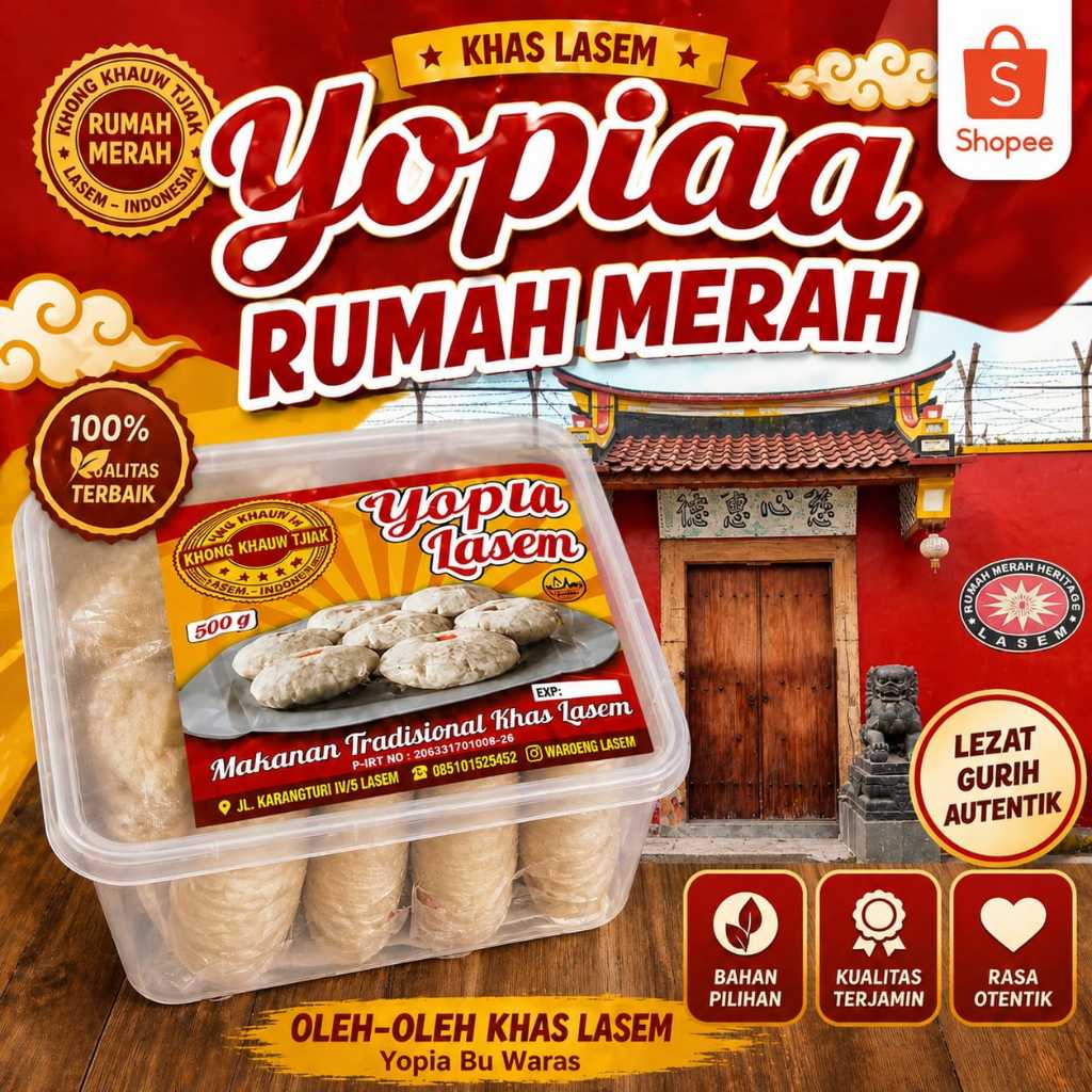 YOPIA RUMAH MERAH, MAKANAN OLEH OLEH KHAS DARI LASEM,BAHAN PILIHAN, RASA AUTENTIK, PERBOX YOPIA ISI 