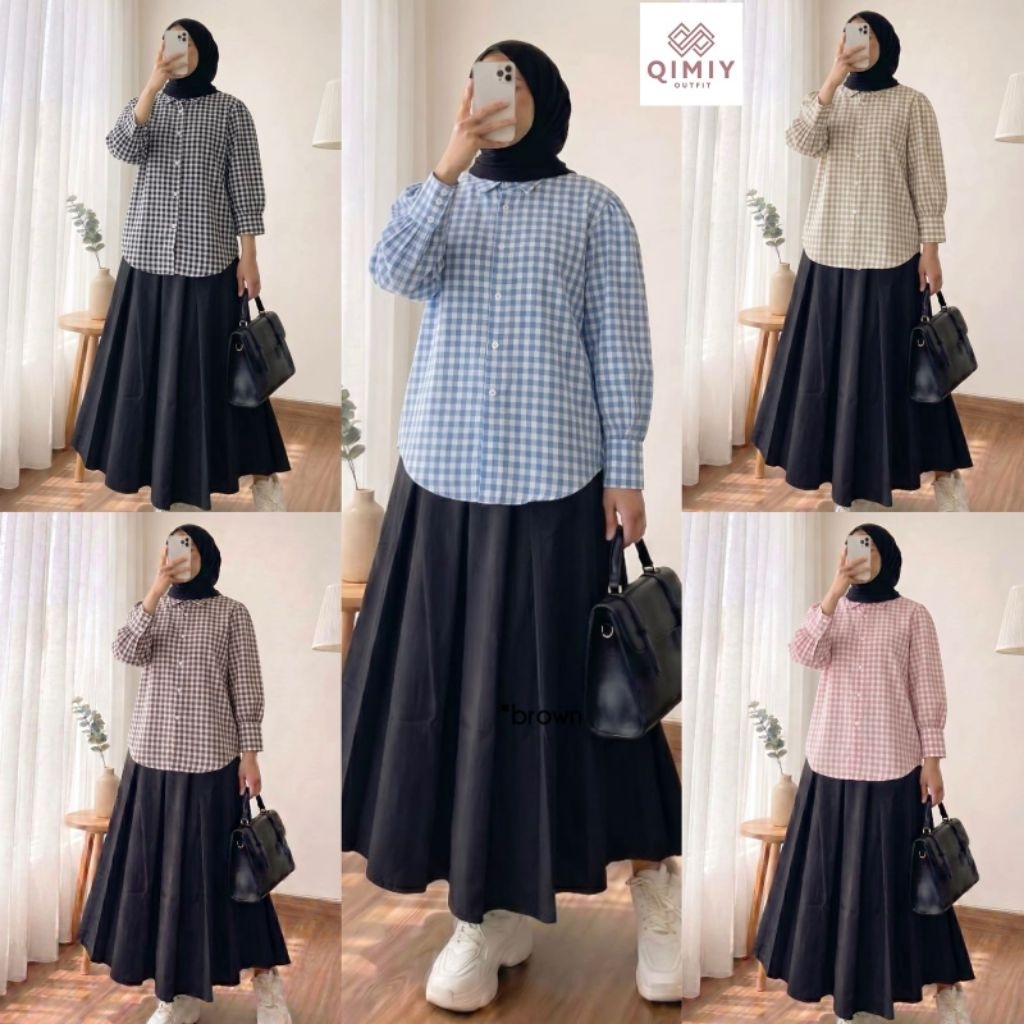 RECCA ANINDYA  SET ORI BY QIMIY // BAJU SETELAN WANITA KEMEJA MOTIF KOTAK SETELAN ROK POLOS MODIS