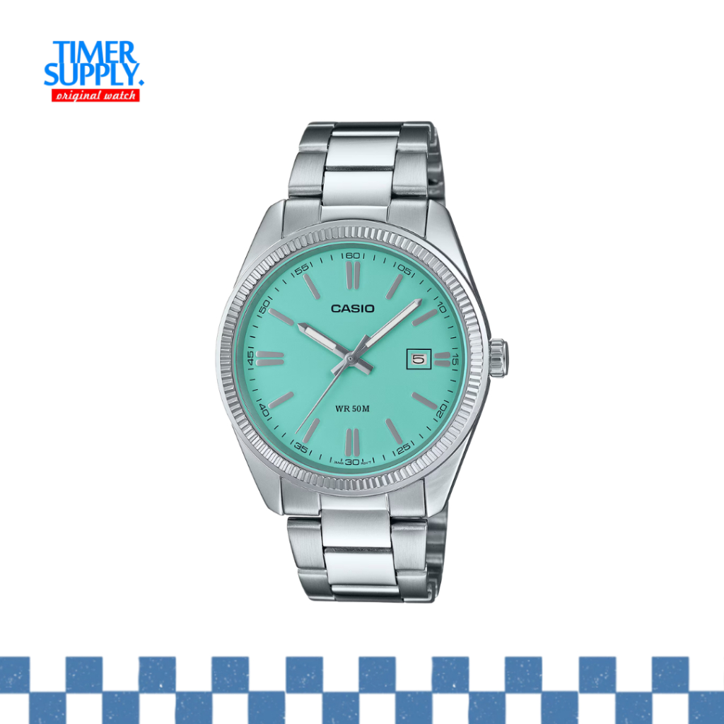Jam Tangan Pria Casio MTP-1302PD-2A2 Tiffany Blue Dial Date Stainless Steel MTP1302 Original Garansi
