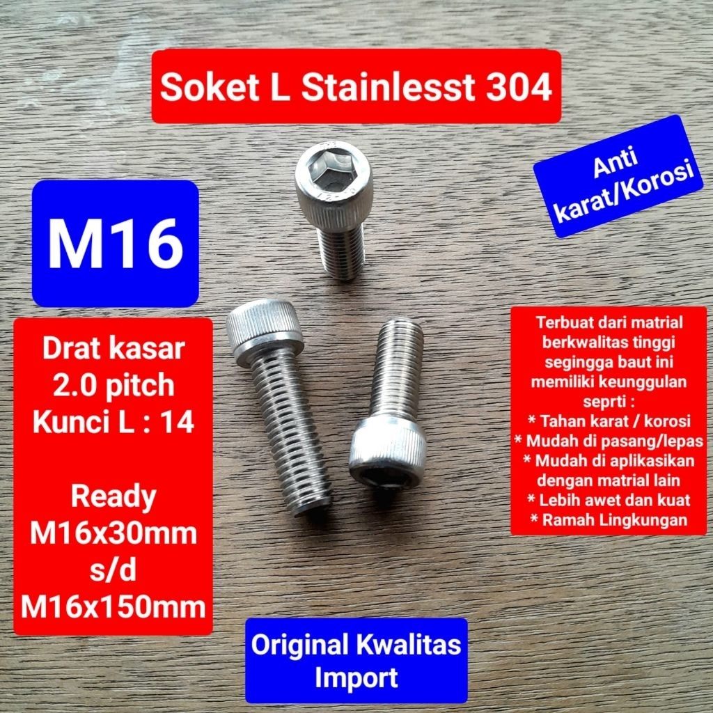 Baut soket L stainlesst 304 M16 | baut L stainlesst 304 M20 | baut kunci L stainlesst 304 M16x30 s/d