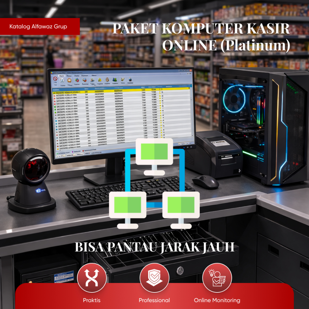 Paket Komputer Kasir Online Lengkap – PC Kasir + Scanner + Printer Struk | Sistem Kasir Minimarket B