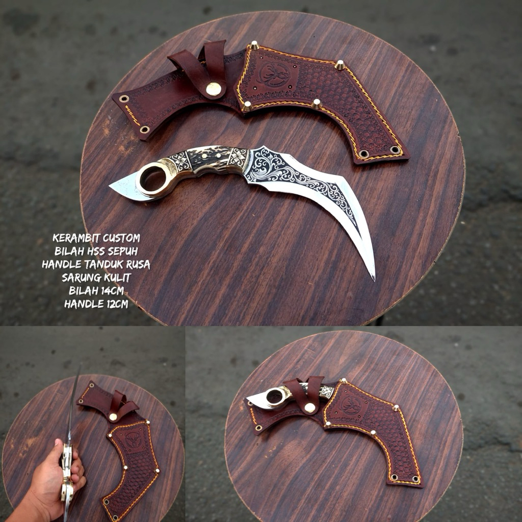 PISAU KERAMBIT KRAMBIT BAJA HSS CUSTOME HANDLE TANDUK RUSA SARUNG KULIT