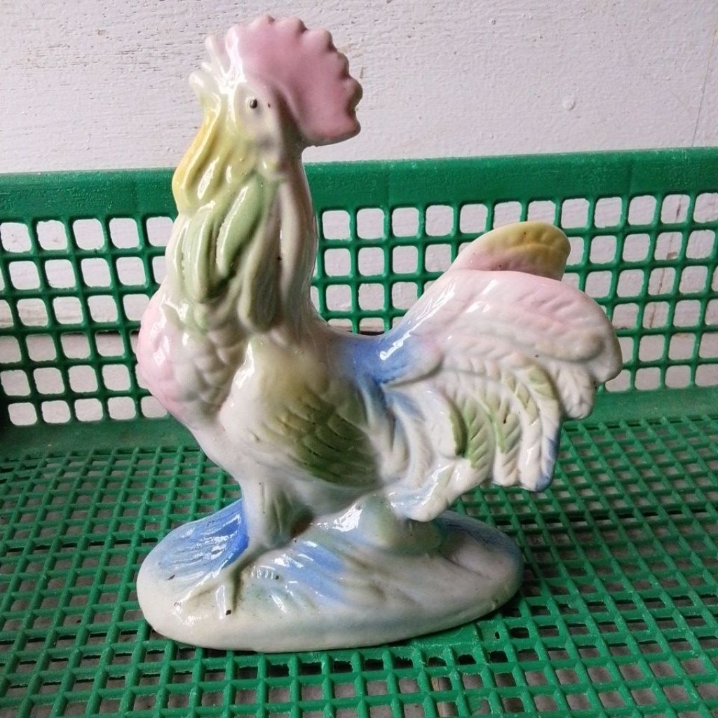 patung keramik ayam jago pastel antik vintage pajangan PL aksesoris