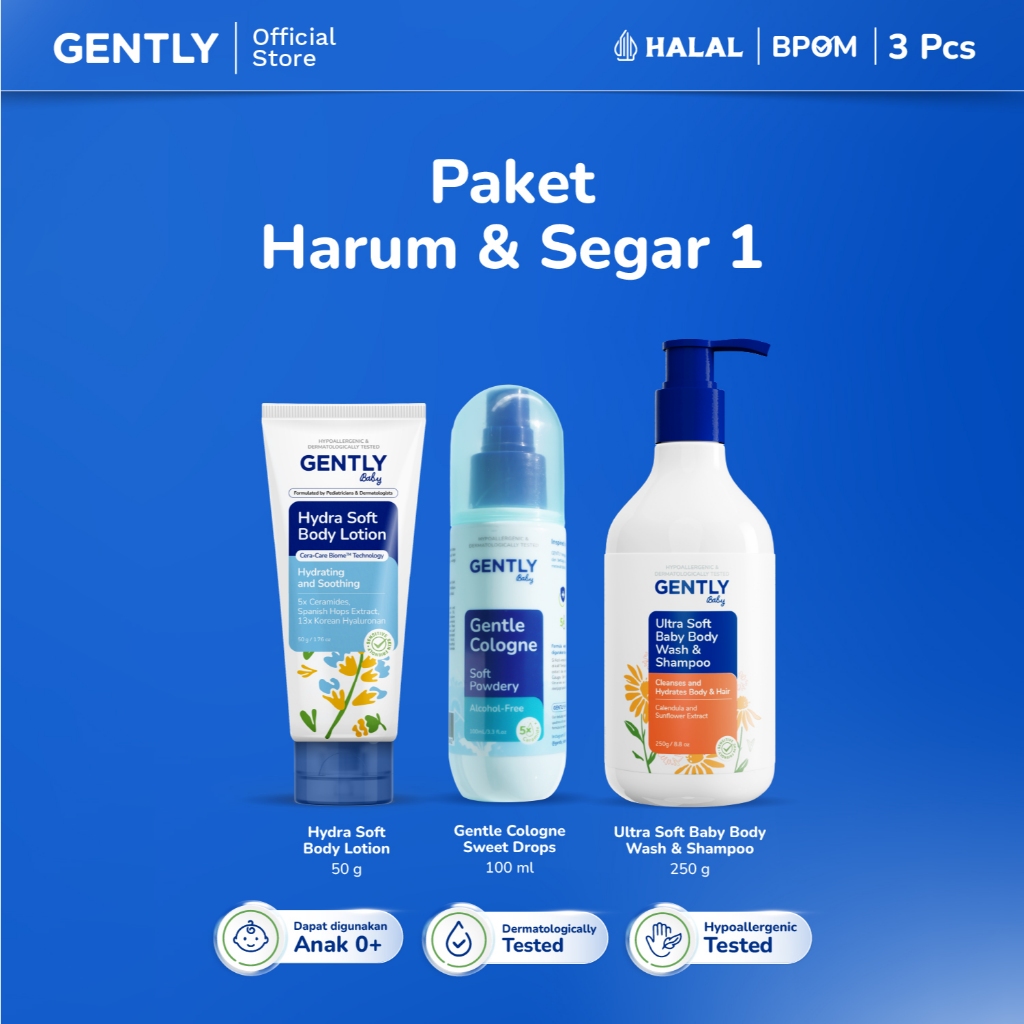 GENTLY Baby Paket Harum & Segar | Paket Hydra Soft Body Lotion 50 g Moisturizer Bayi dan Anak + Gent