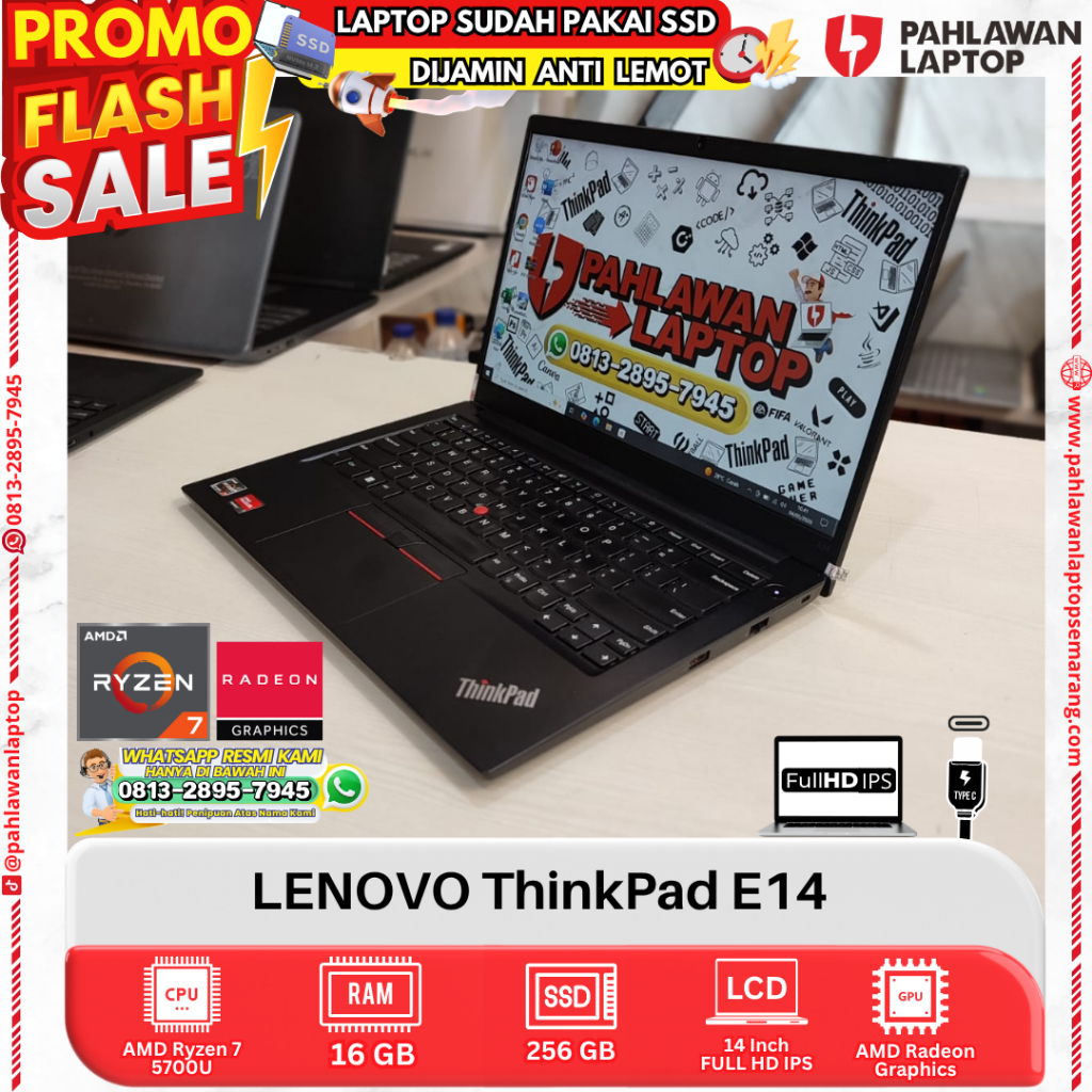 LAPTOP LENOVO ThinkPad E14 AMD Ryzen 7 RAM 16GB SSD 256GB