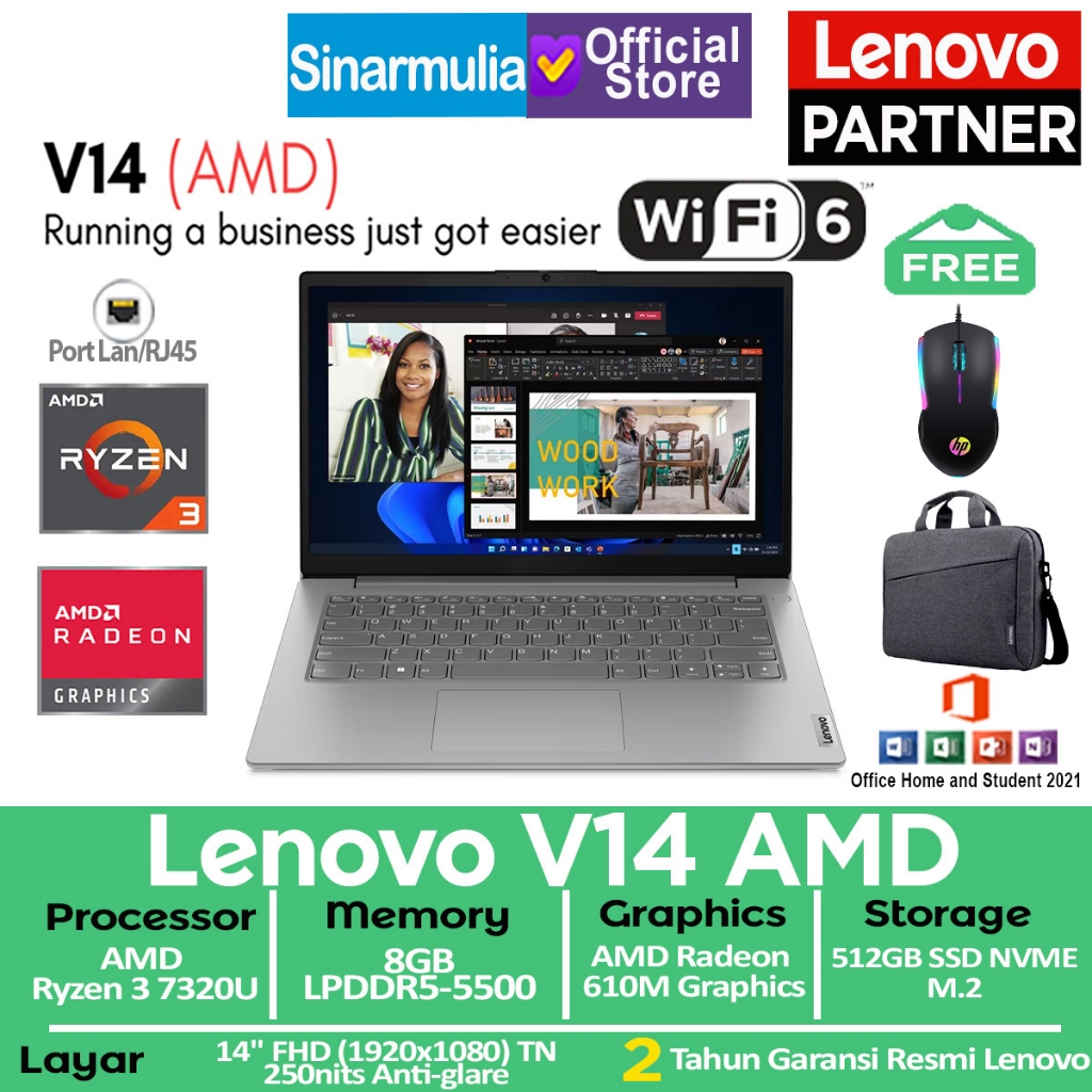Lenovo V14 Ryzen 3 7320U 512GB SSD 8GB Win11+OHS