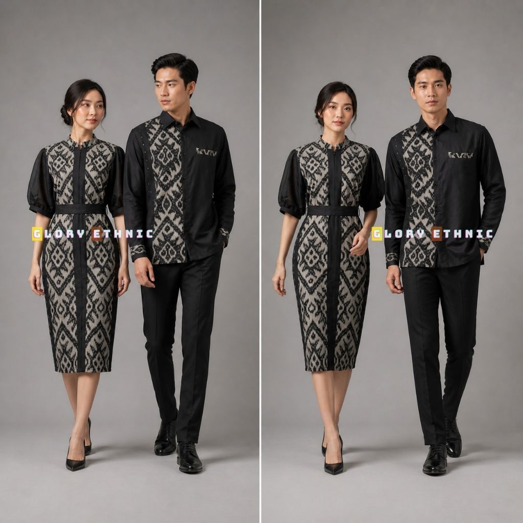 Baju Couple Tenun Padma Batik Modern | Dress Midi Wanita & Kemeja Pria Formal Kekinian