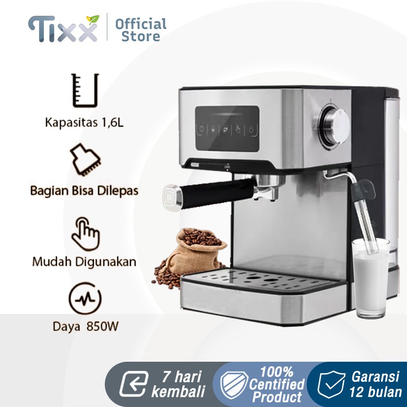 TIXX Mesin Kopi Espresso 25 Bar Mesin Kopi Rumahan Low Watt Uap Susu Berbusa Coffee Machine Logam Pe