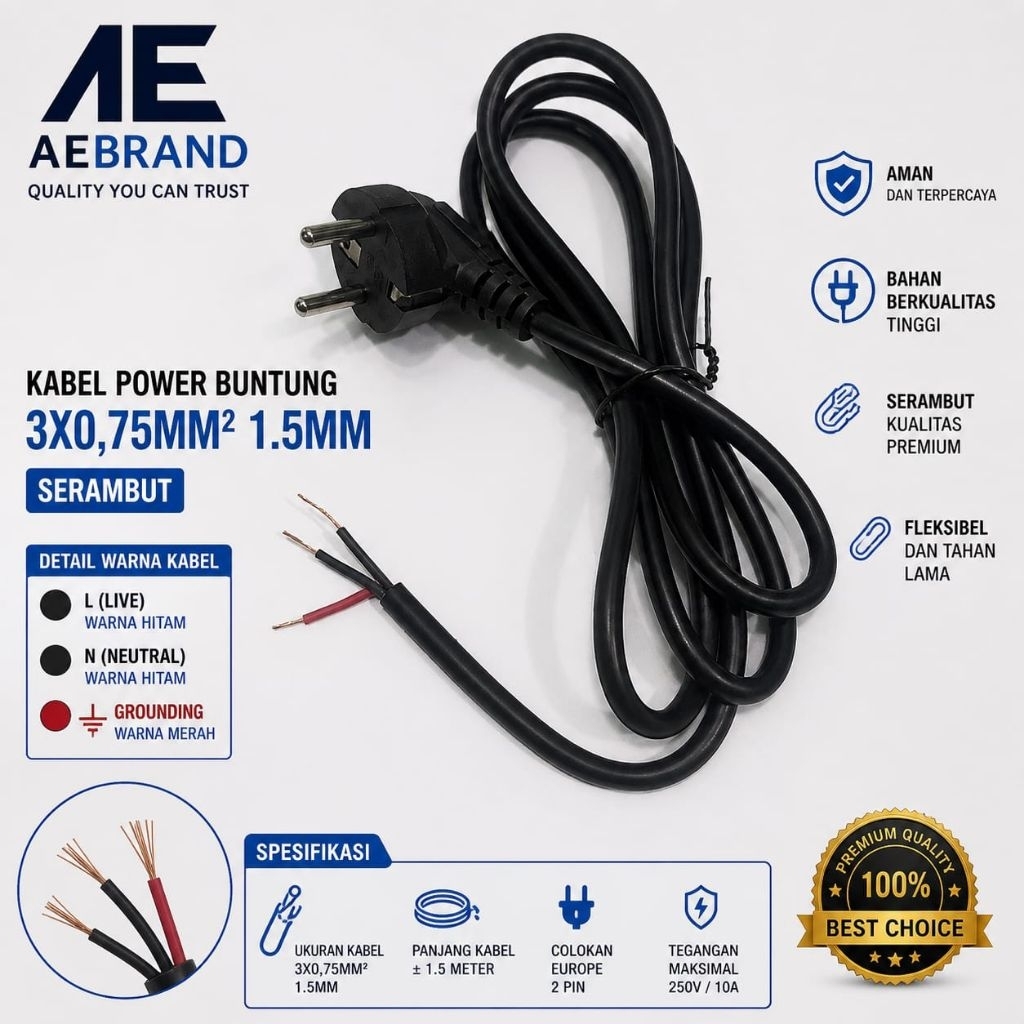 AEBRAND Kabel Power Buntung Isi 3 1,5 Meter Alumunium - Kabel Buntung 3x0,75mm - Kabel Kulkas Mesin 