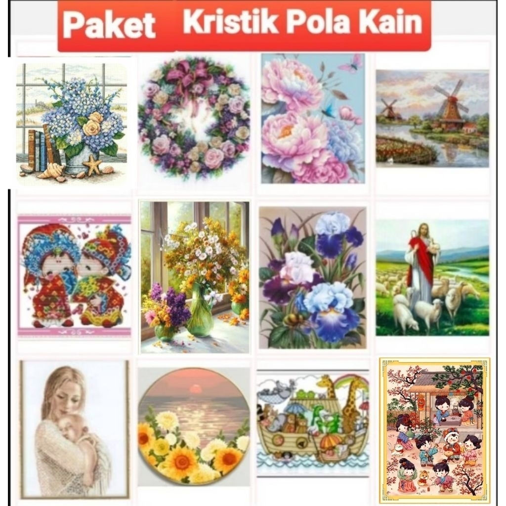 (READY) DIY PAKET KRISTIK PEMANDANGAN BUNGA YESUS KOI KUDA PEDESAAN GUNUNG PEONI MAWAR CROSS STITCH 