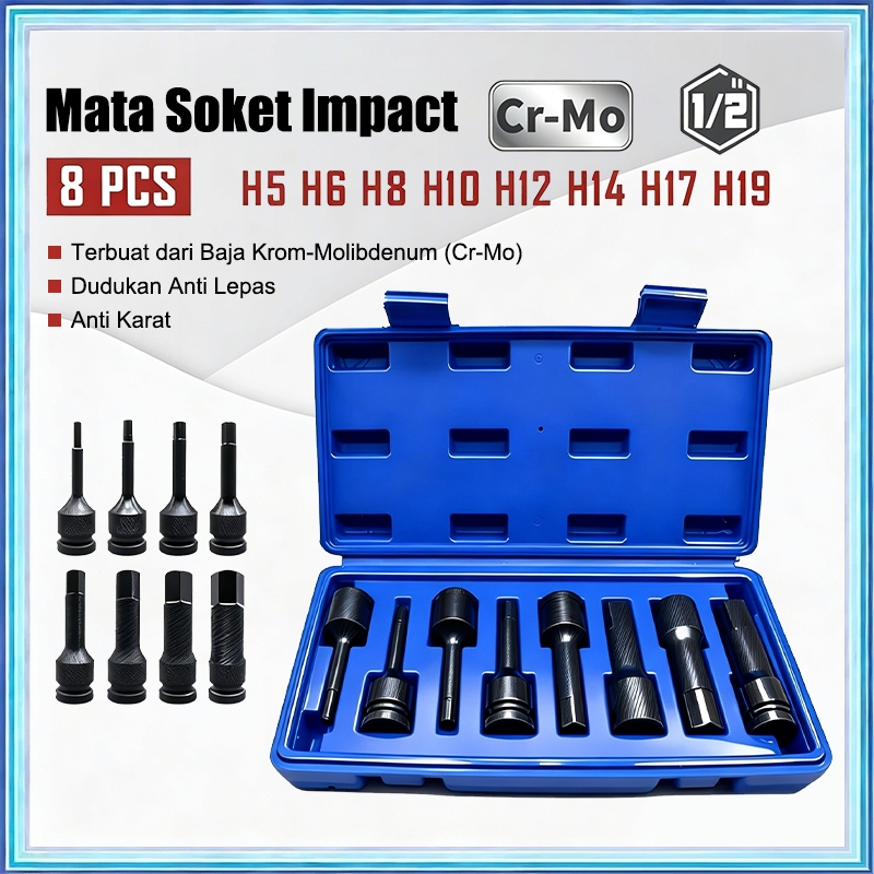 Set Mata Kunci Shock Hex 10Pcs 1/2 - Ukuran H4 s/d H19, Heavy Duty CR-MO, untuk Impact Wrench & Bor 