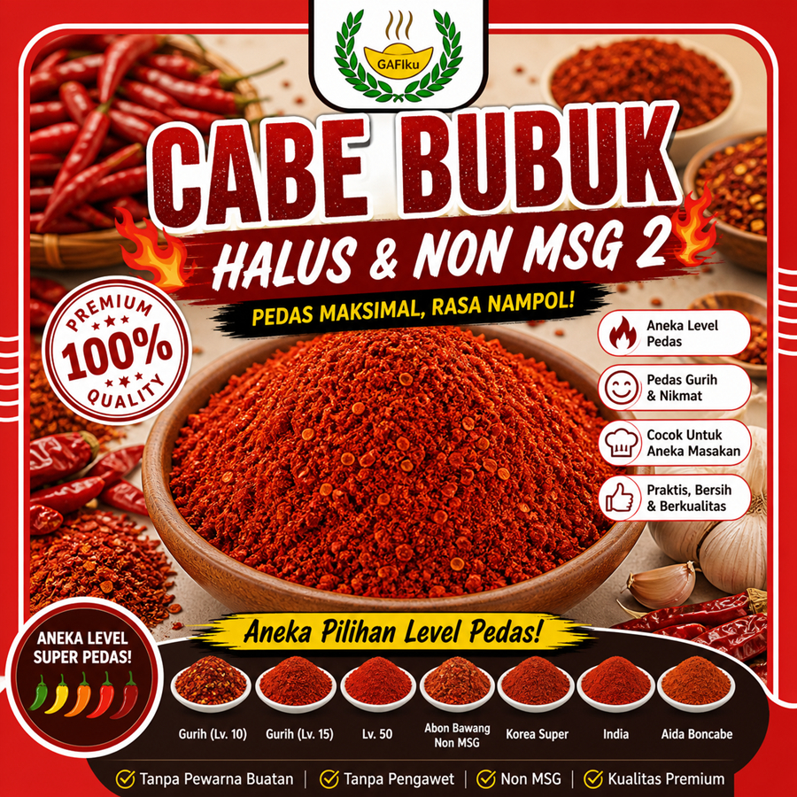 Cabe Bubuk Kiloan 1Kg Bubuk Cabai Aneka Level Super Pedas Gurih Abon Bawang Halus Boncabe Aida Korea