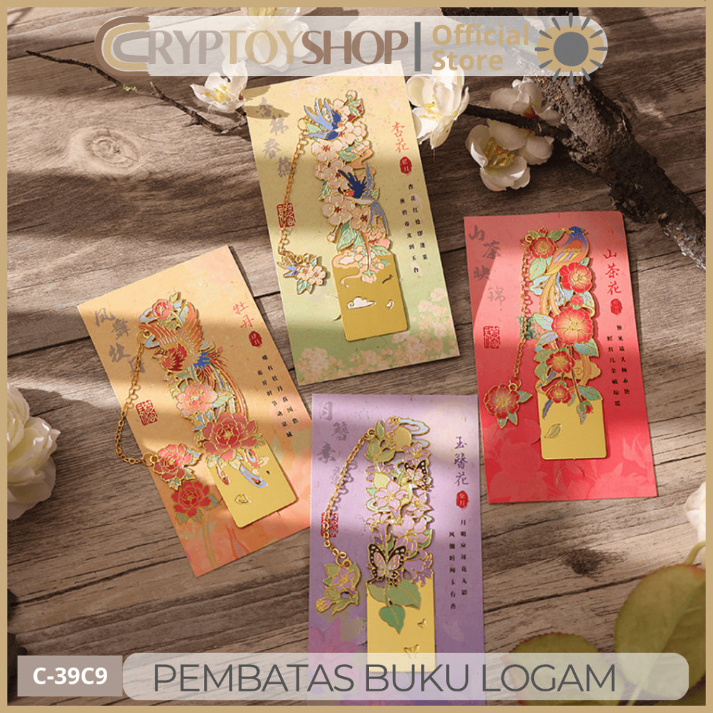 CTS Pembatas Buku Logam Motif Bunga Burung Warna Emas Merah Ungu Kuning Pink Metal Bookmark