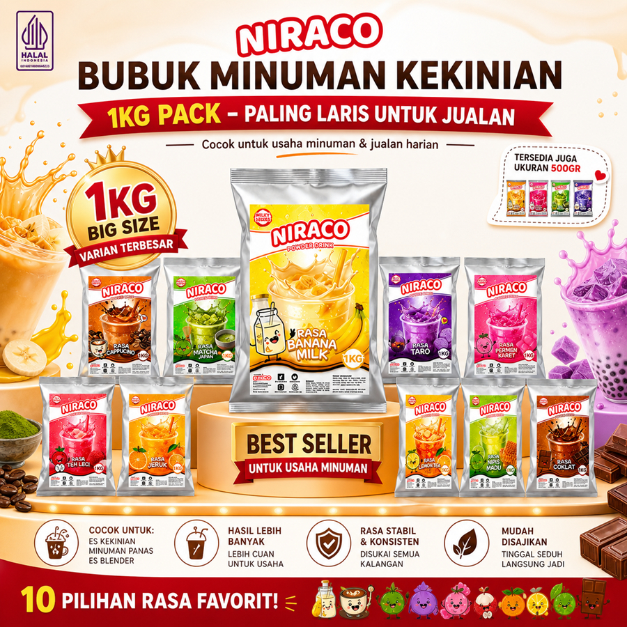 Niraco Powder Drink  Bubuk Minuman 1KG 10 Rasa Serbuk Kekinian untuk Jualan Bahan Minuman Cafe Es Ke