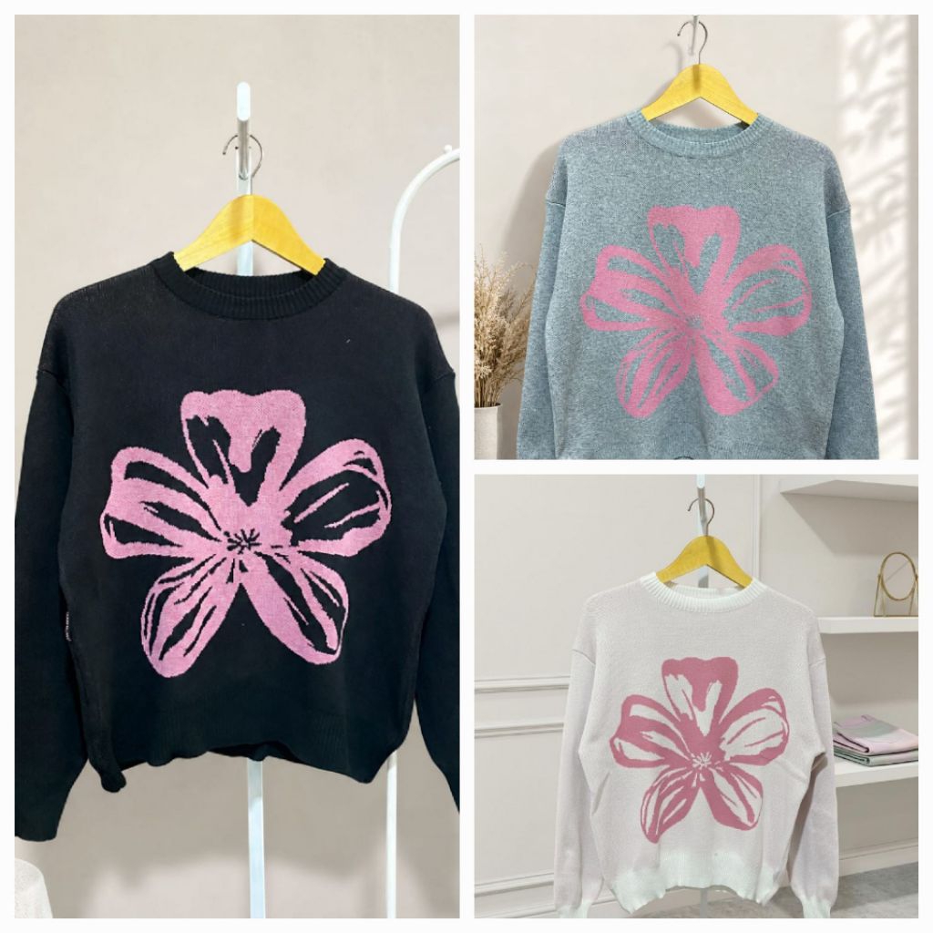 Flora Oversize Sweater Rajut Bunga Pink Korea Premium