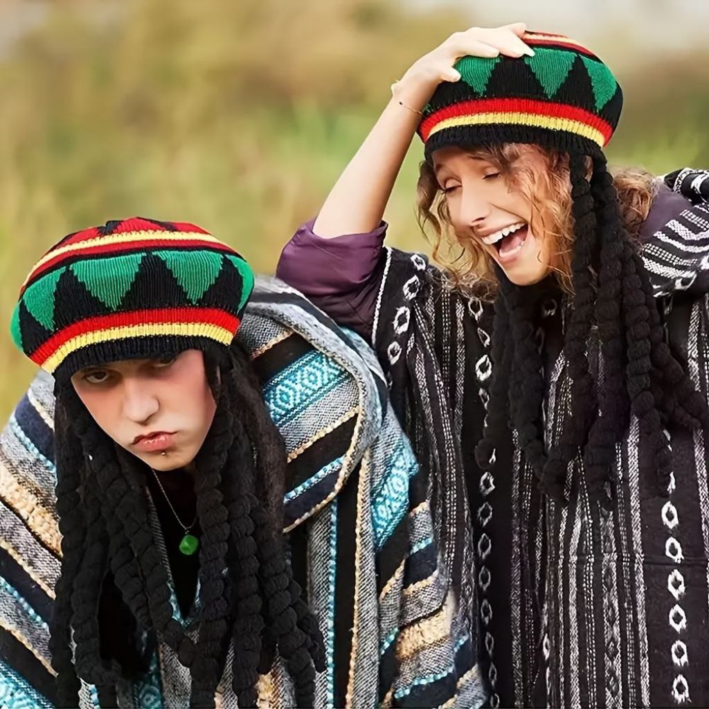 Topi Beanie Rasta dengan Rambut Gimbal Palsu / Wig Dreadlock Reggae