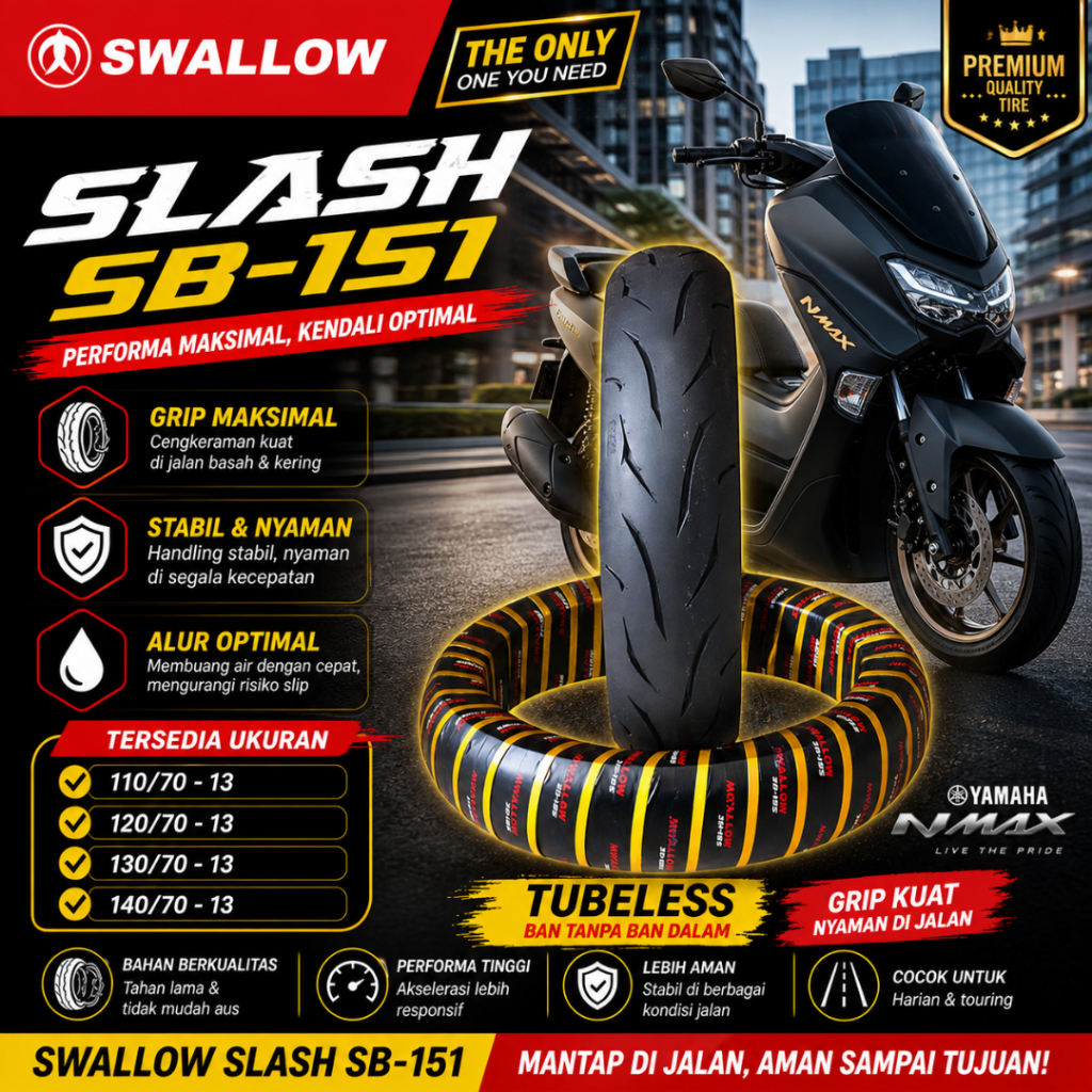 Ban NMAX Ban Motor NMAX SWALLOW Slash 110/70 120/70 130/70 140/70 Ban Ring 13 Tubeless Soft Compound