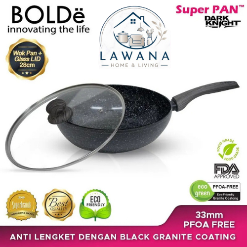 BOLDe 28 CM Wok Pan + Tutup Kaca Wajan Penggorengan Granite Anti Lengket