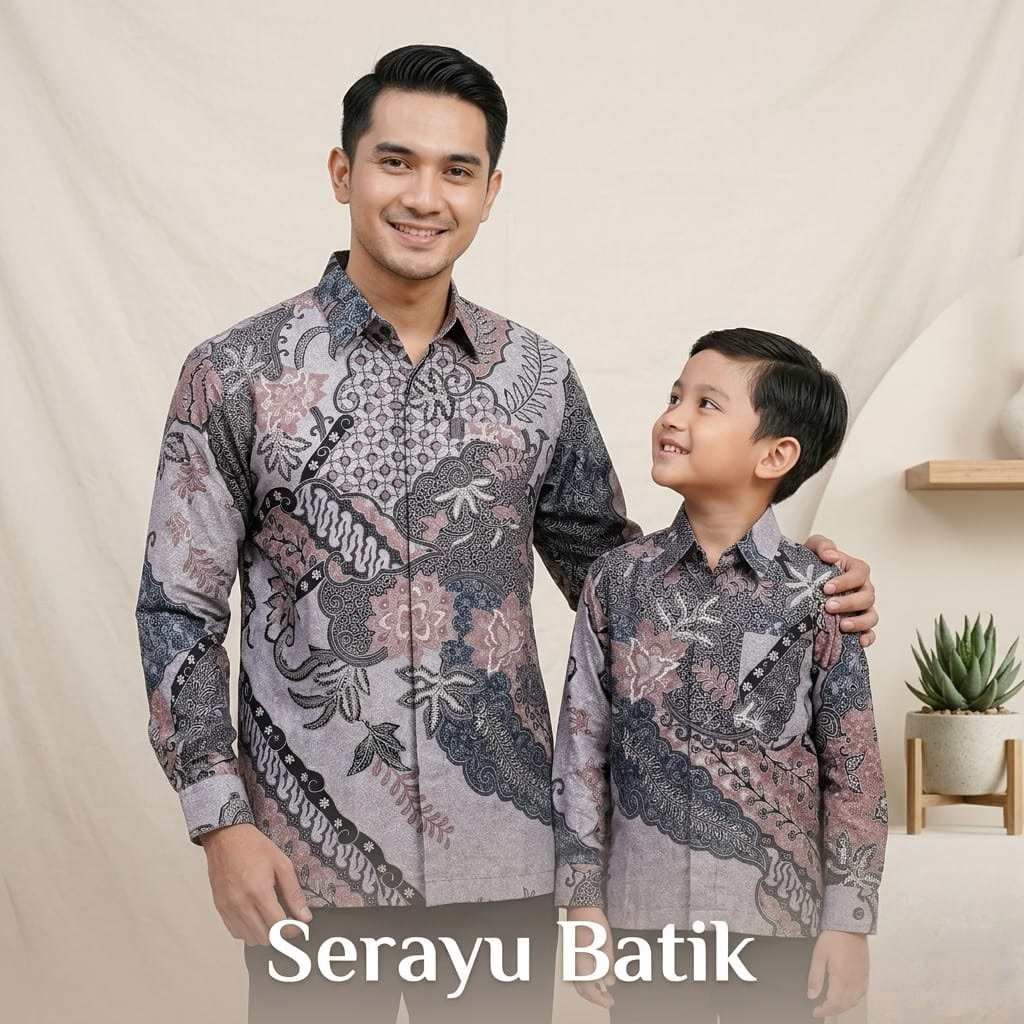 Ungu Lilac Batik Pasangan Bapak Dan Anak Katun Solo Premium Lengan Panjang Batik Bapak Batik Anak La