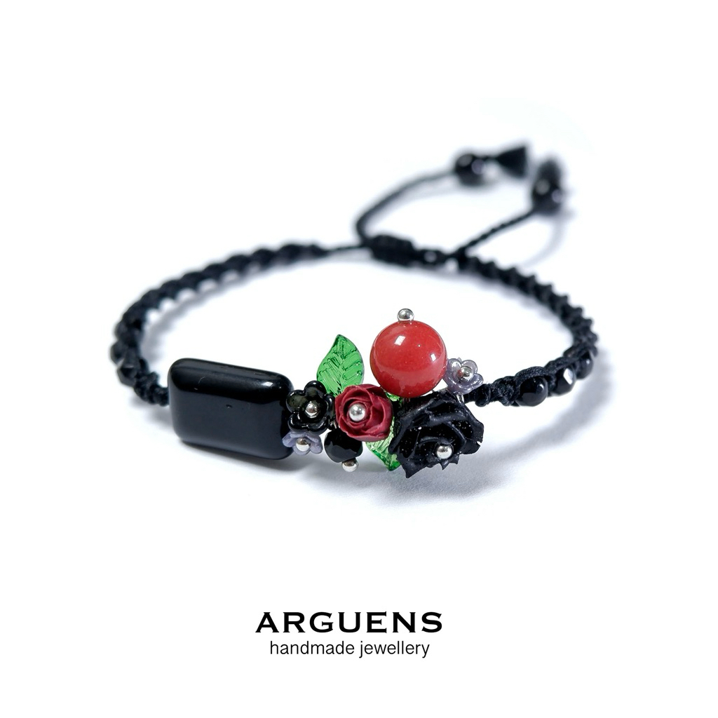Arguens : Crimsom Bloom | Gelang Wanita Black Onyx Red Agate Batu Alam Asli Fairy Garden Estetik Han