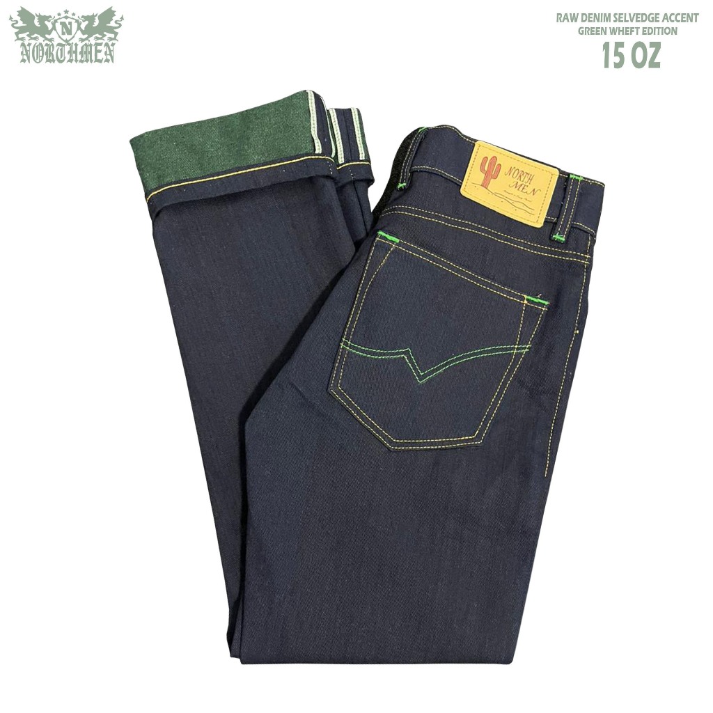 Northmen Celana Selvedg Accent 15oz Green Welf Raw Denim Straight Series