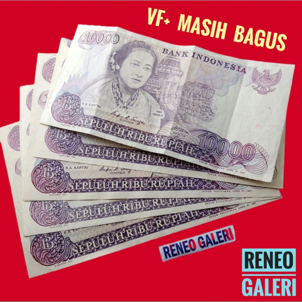 VF+ asli 10.000 Rupiah RA Kartini tahun 1985 Rp uang kertas kuno Indonesia duit jadul lawas lama ant