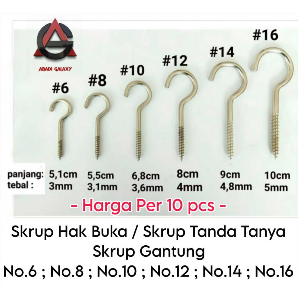 (Harga / 10 pcs) Skrup Hak Buka / Skrup Mata Buka / Skrup Tanda Tanya / Skrup Gantung No.6;8;10;12;1