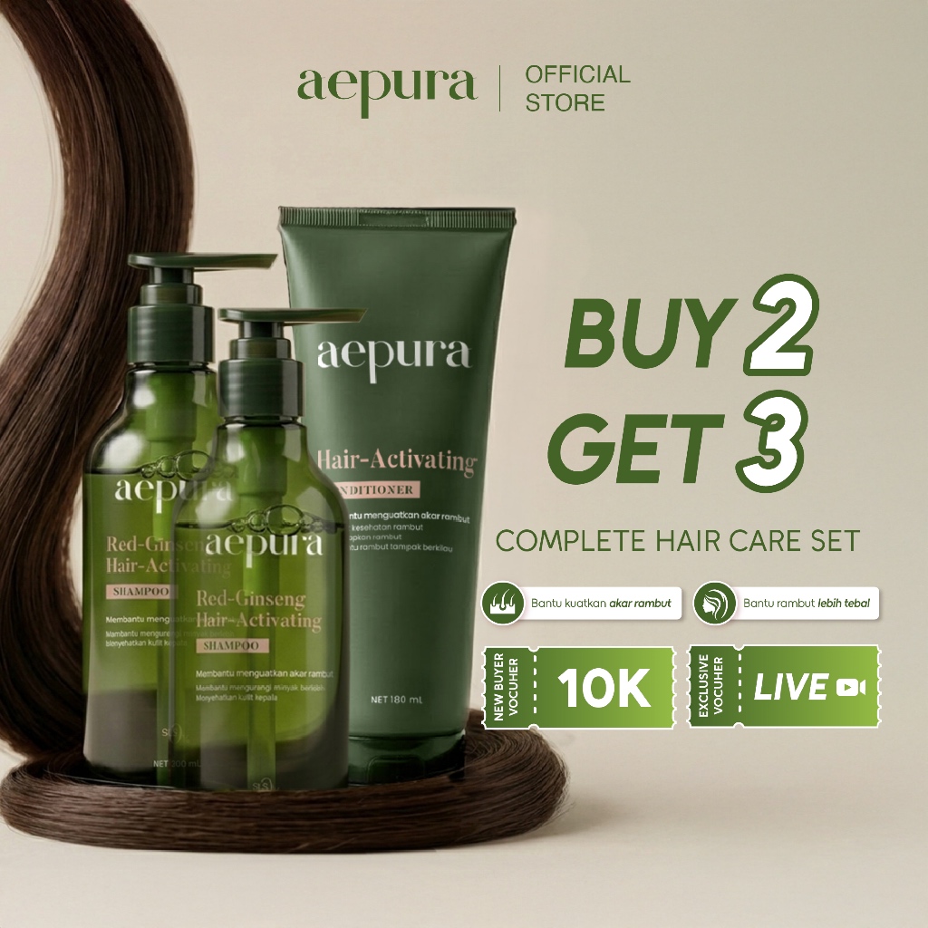 [Best Value 3pcs] aepura Red-Ginseng Hair Activating Shampoo 300ml 2pcs + Conditioner 180ml 1pcs - Memperkuat Akar Rambut Conditioner Vitamin Haircare Perawatan
