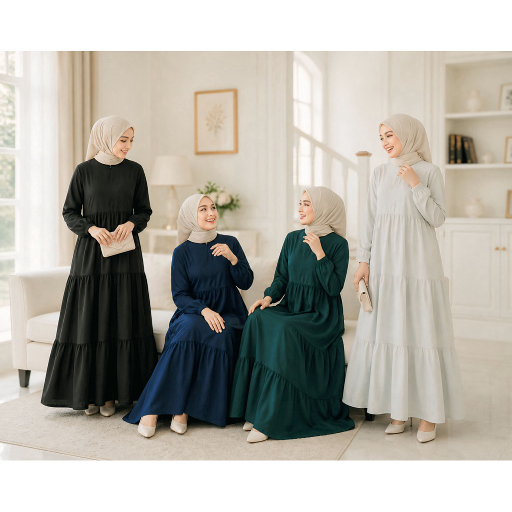 Gamis polos twill ori resleting polos twill ori  busui susun canda size S M L XL XXL