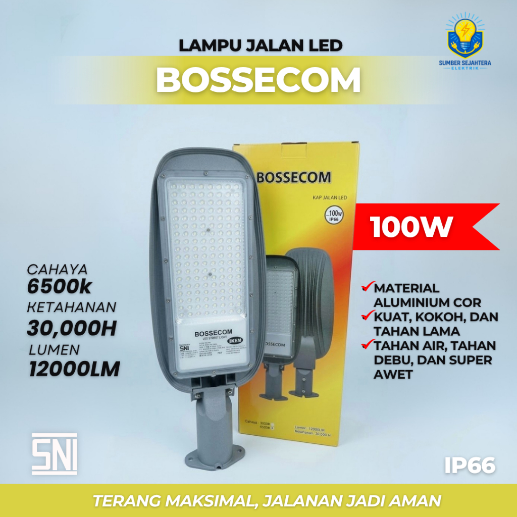 Kap Jalan LED Solar BOSSECOM 100W + Remote (All-in-One) ORIGINAL SNI