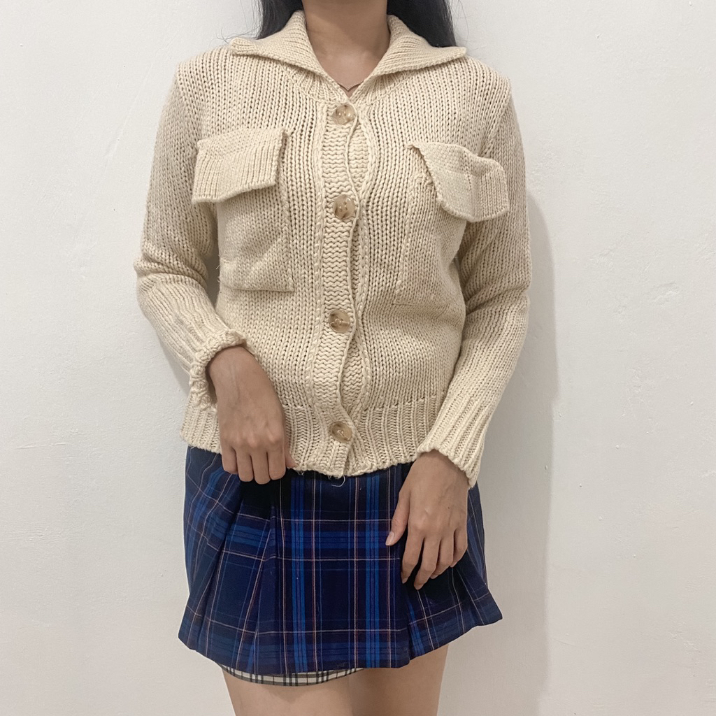 Imvely Broken White Pocket Knit Cardi (Tebal) // Cardigan Wanita // Pakaian Wanita Termurah