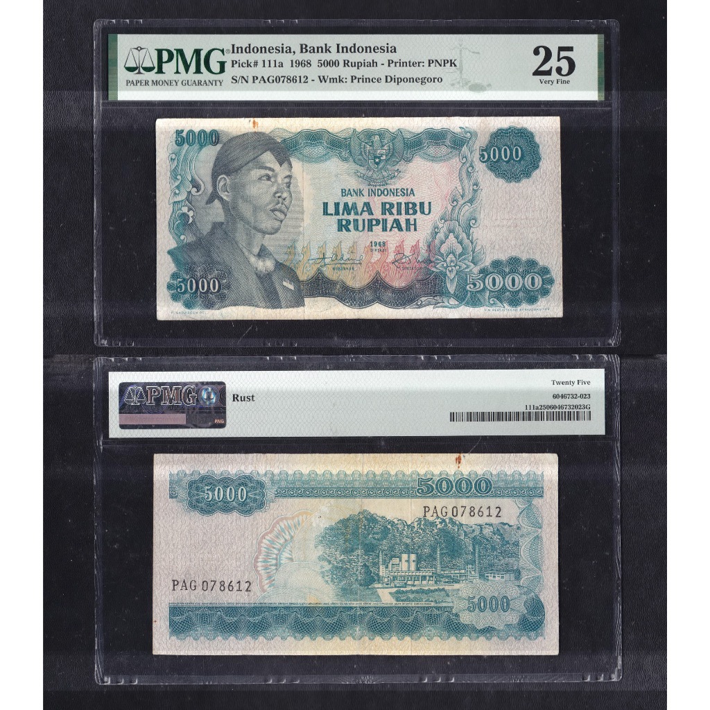 Uang kuno PMG 25 -5000 rupiah tahun 1968 Sudirman S/N PAG078612