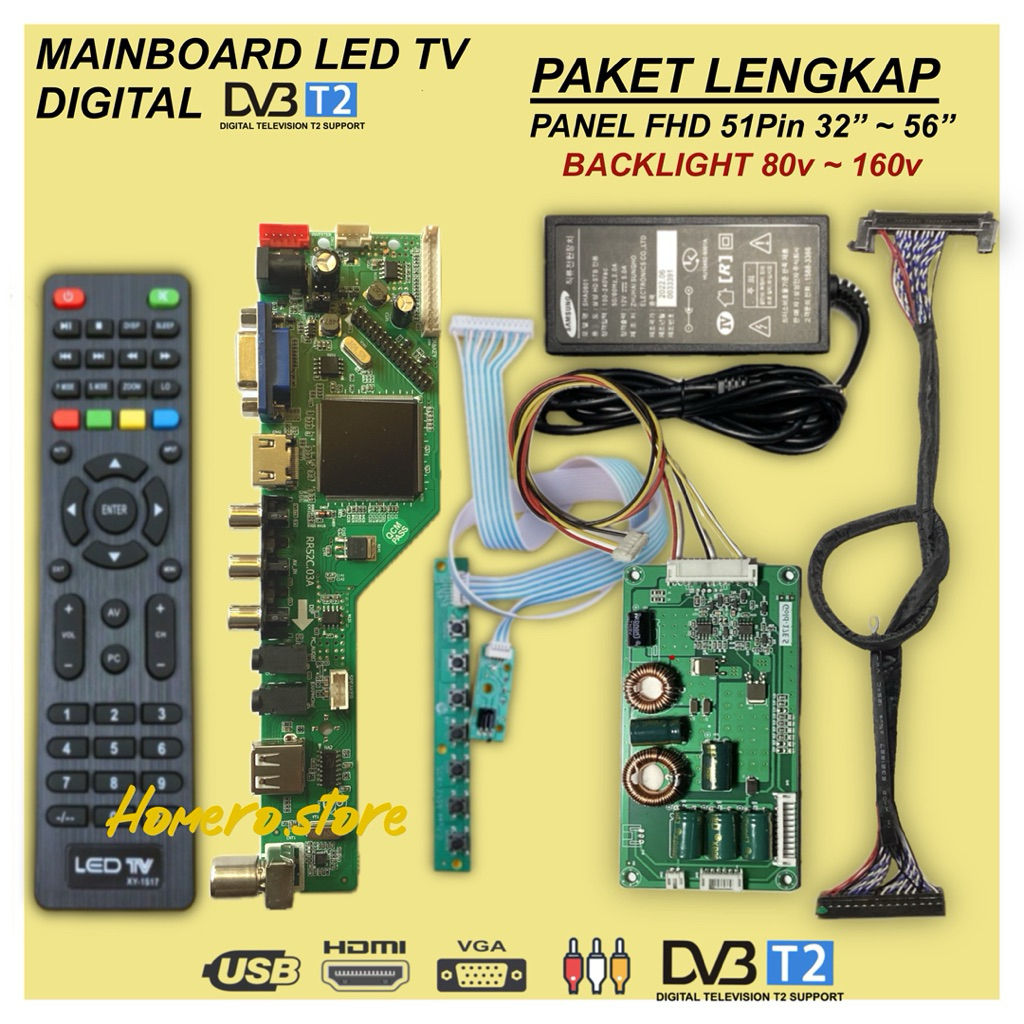 Mainboard TV Digital DVBT2 Universal untuk PANEL LED  32" - 56" 51Pin Paket lengkap