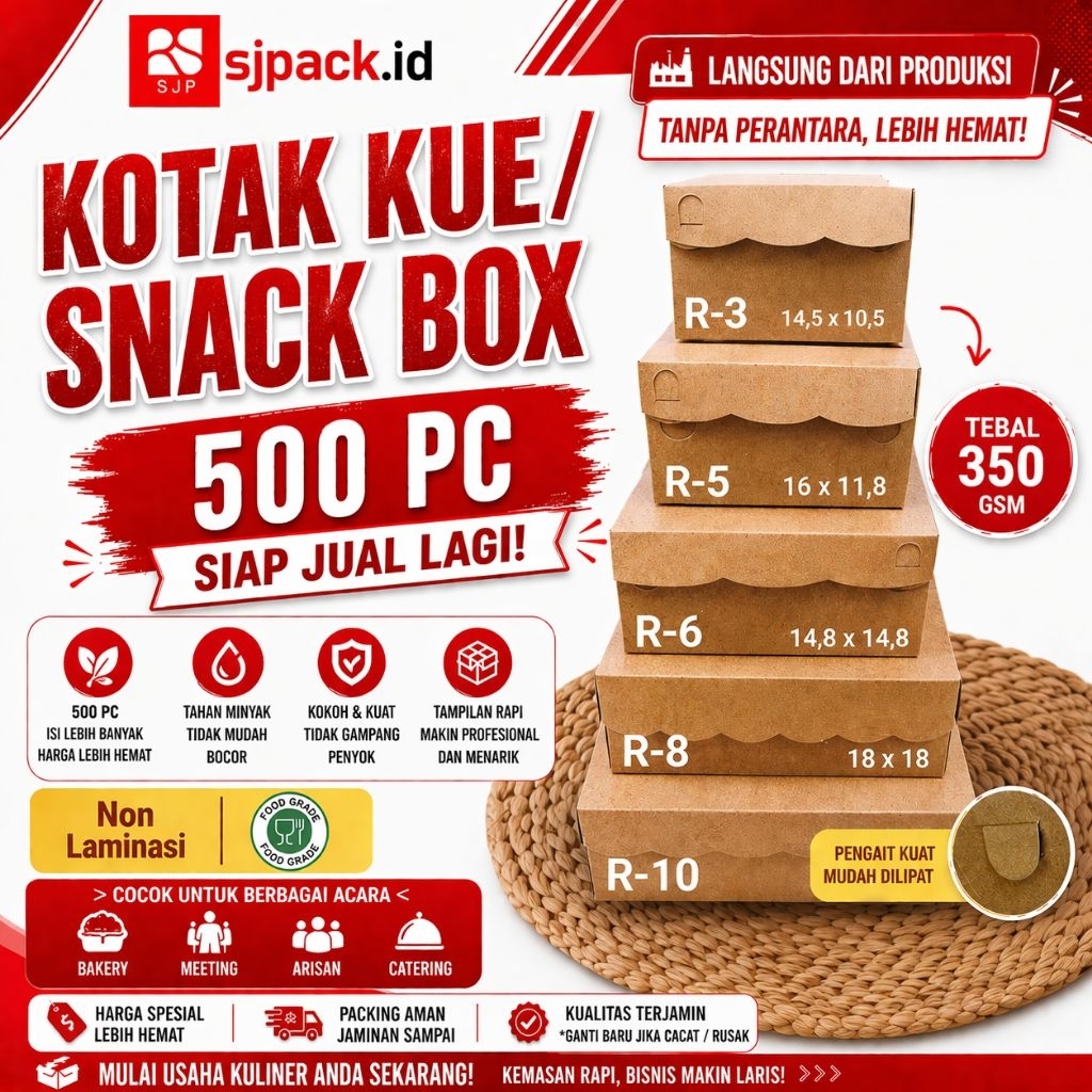 [5 PAK = 500PC] Kotak Kue / Snack Box Kraft R Series Tanpa Laminasi