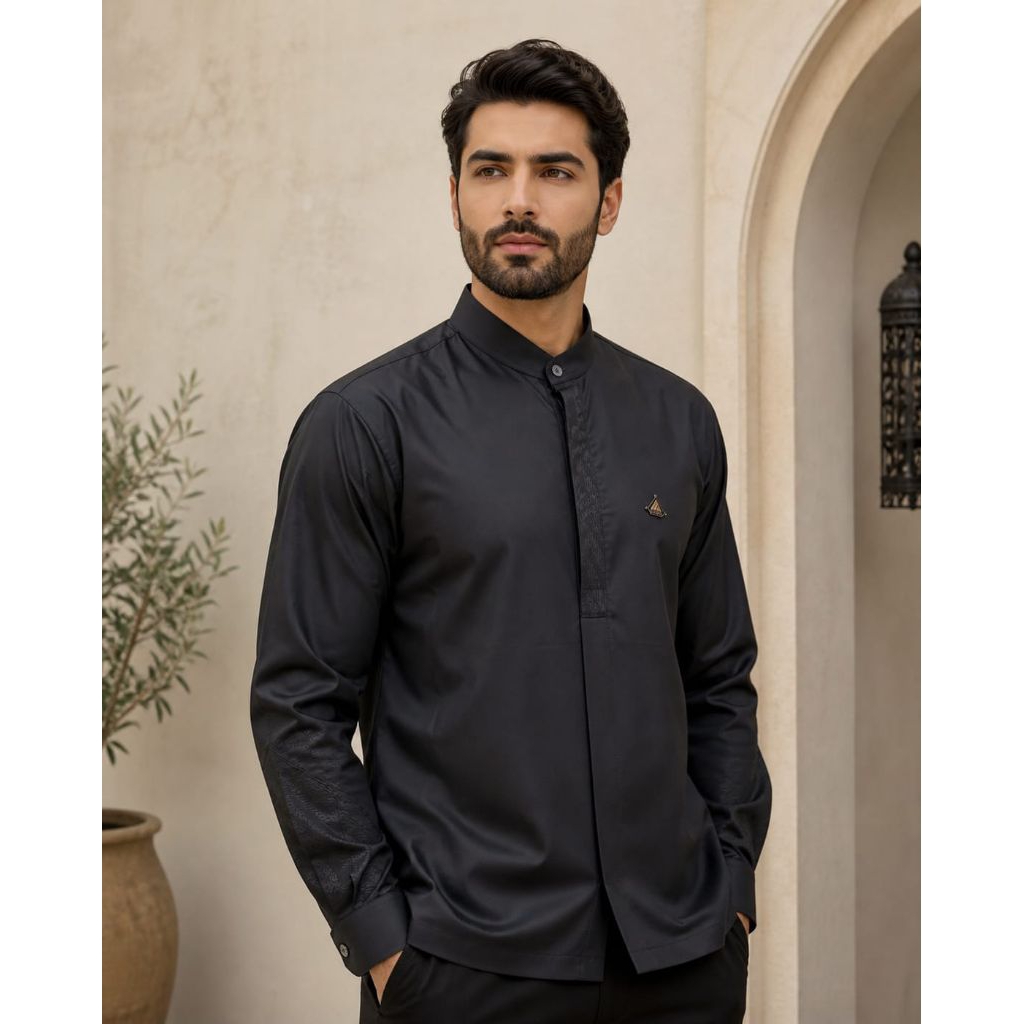 Egypt Muslim-Kemko Batik Esklusif Black Lengan Panjang Timbul Mewah Casual dan Daily