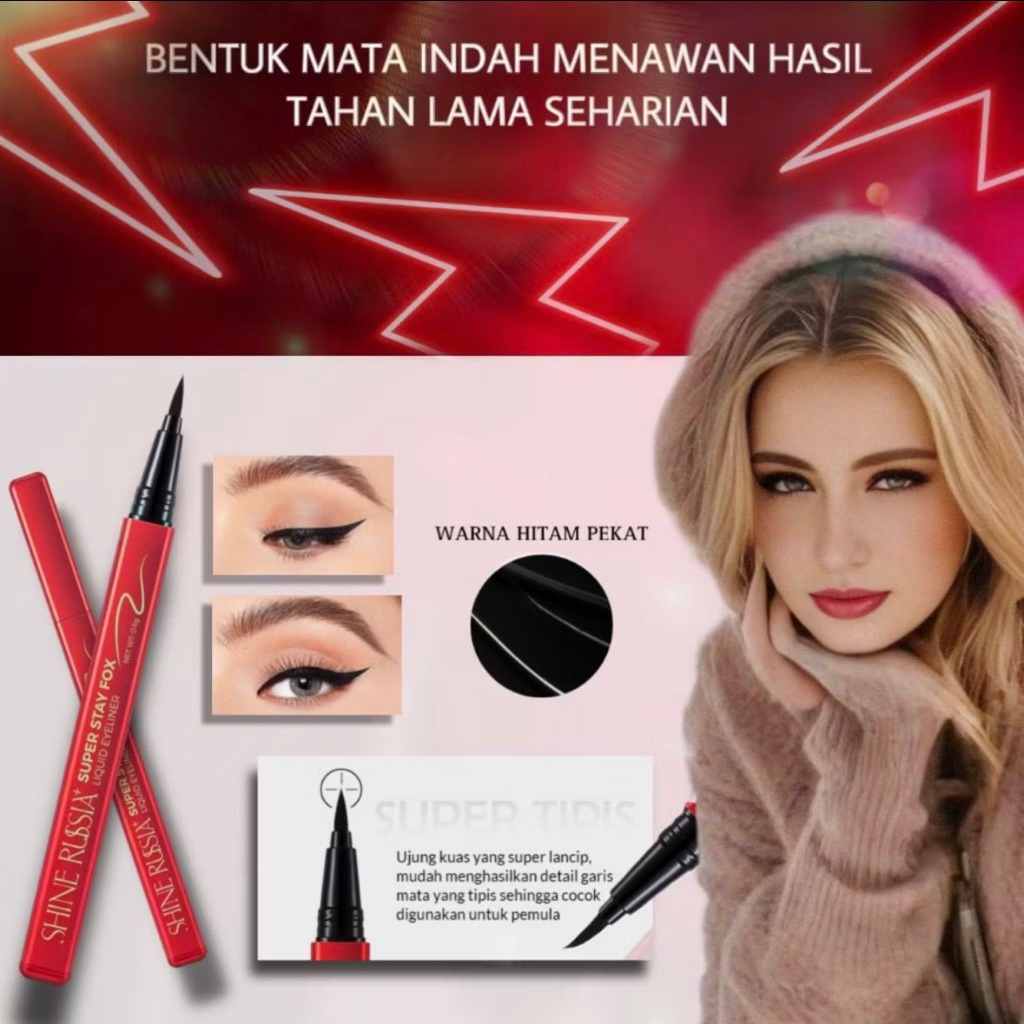 SHINE RUSIA Eyeliner super stay fox liquid dengan ujung kuas super tipis, waterproof & sweatproof