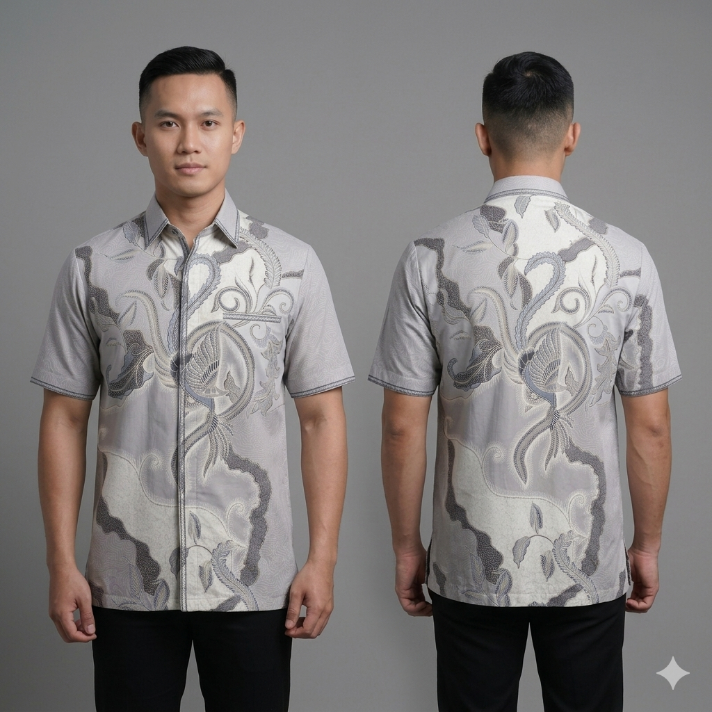 Kemeja Pria Lengan Pendek Batik Katun Sutra Silk Abu