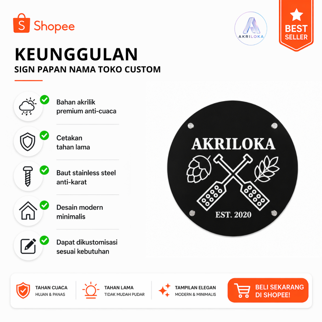Papan Nama Toko Bulat Akrilik Custom – Logo Sign Minimalis Tanpa Lampu untuk Toko & Usaha