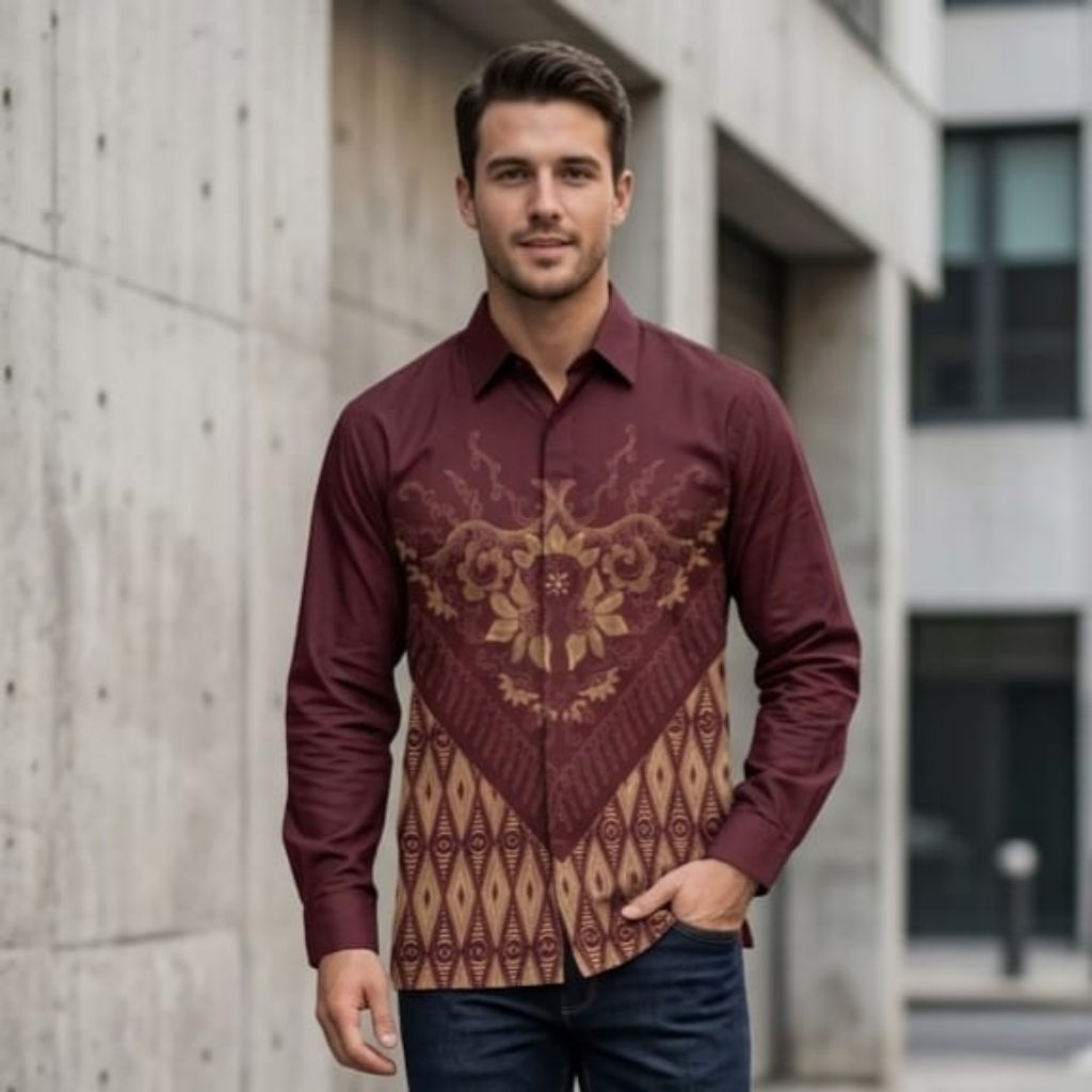 kemeja batik pria lengan panjang warna maroon