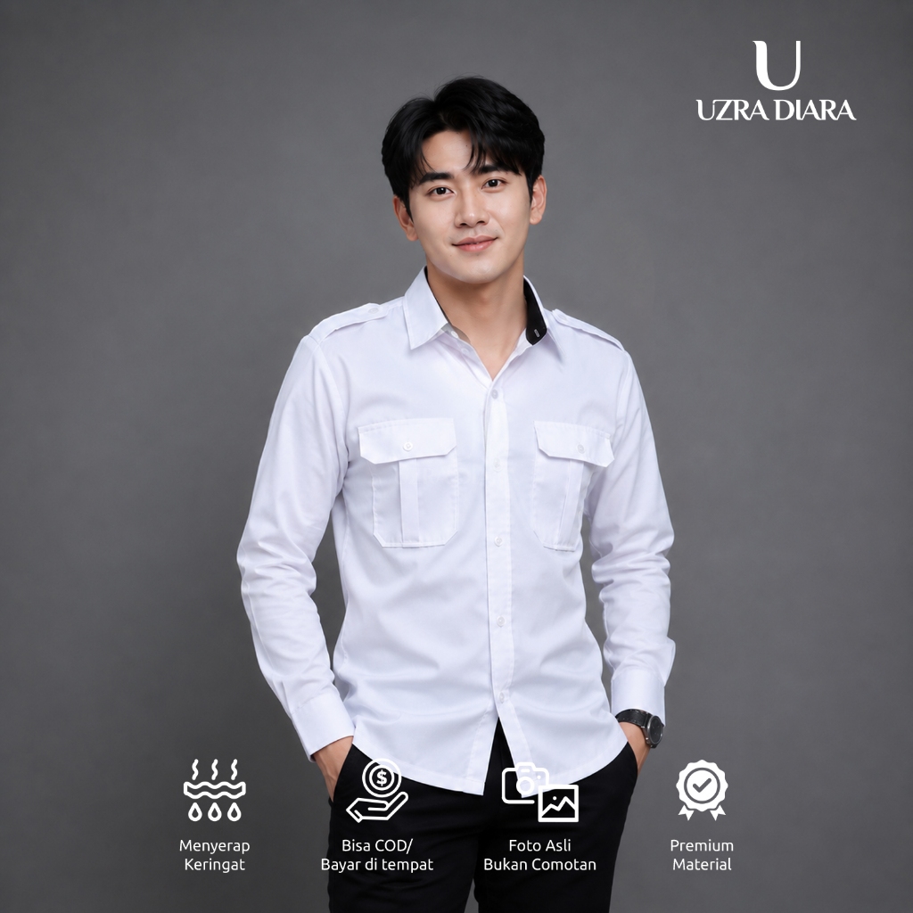 Seragam PDH Putih Pria Lengan Panjang / Baju PDH Pria Kerah Hitam dan Putih Pakaian Kerja Kedinasan