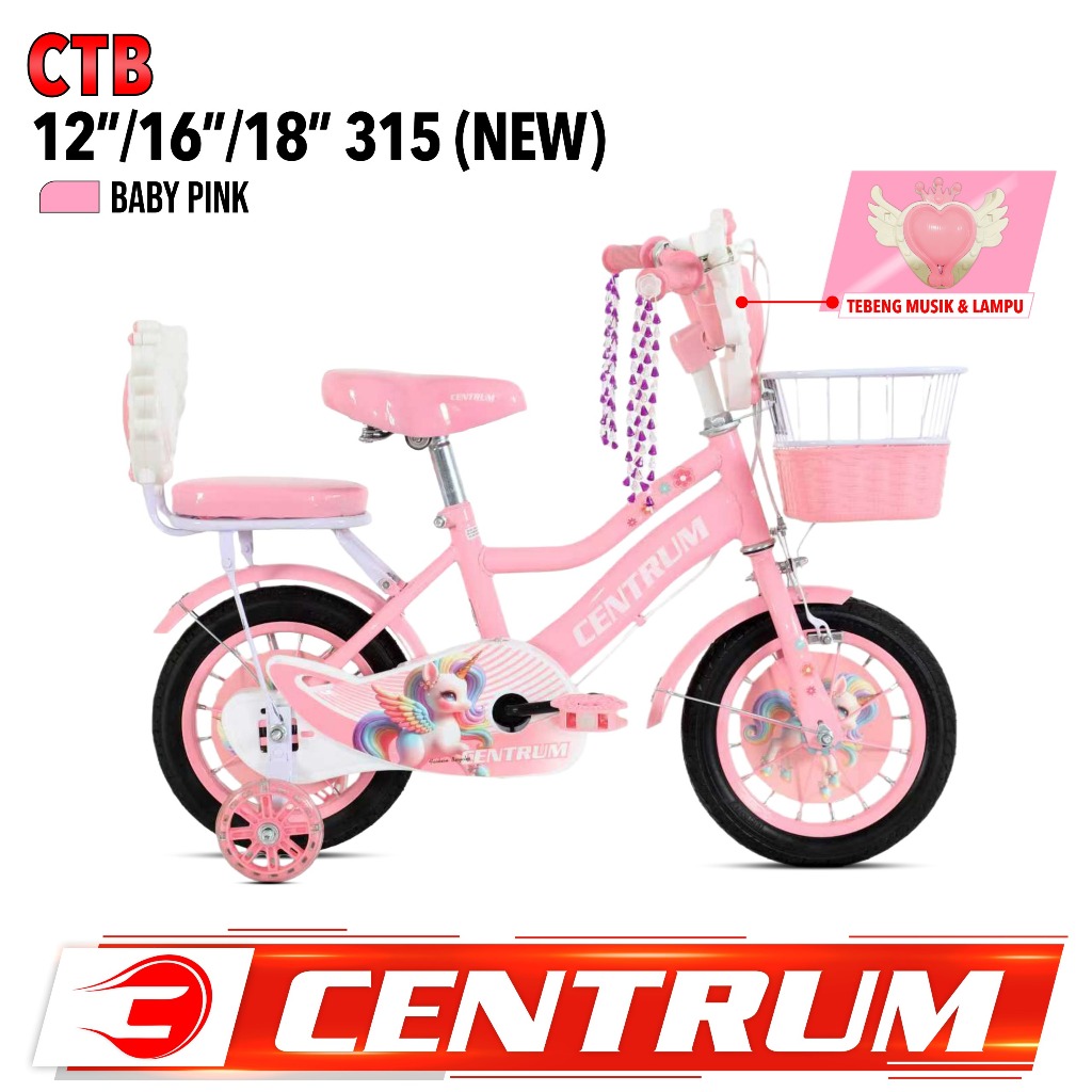 CENTRUM Sepeda anak ukuran 12 16 18 - Tameng musik - Kranjang - Boncengan -  Roda samping / usia 3-8
