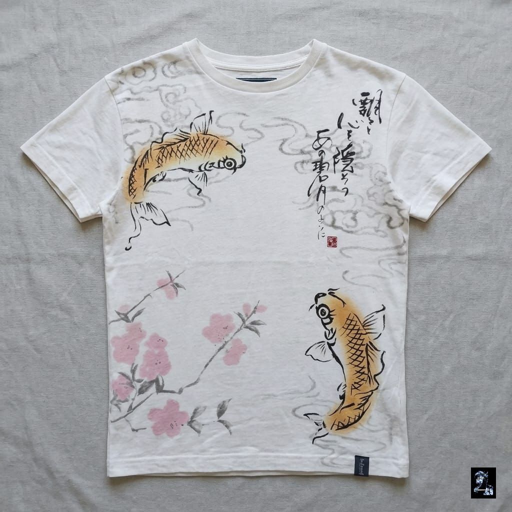 Kaos Casual Sukajan Koi Sakura Outreef Vintage Mega Print Warna Putih Atasan Lengan Pendek Pria Wani
