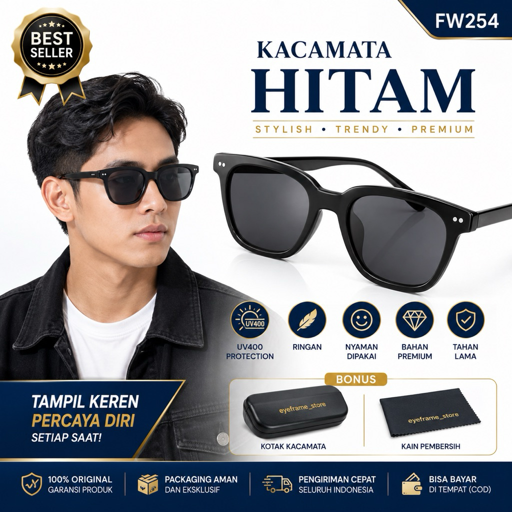 Kacamata Hitam Lensa Kaca Asli UV400 Wayfarer Korea FW524